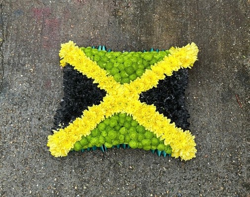 Jamaican flag funeral cushion made by florist in Croydon