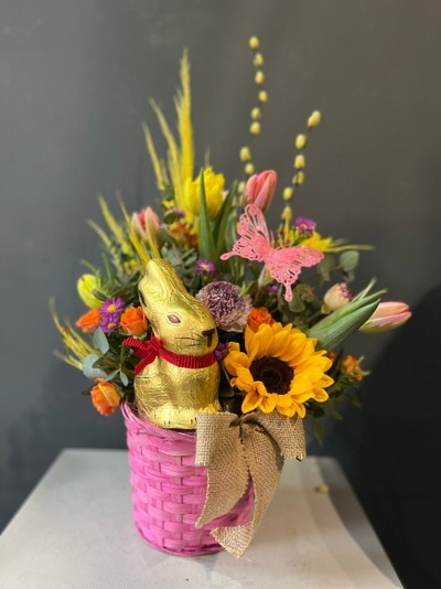 Lindor bunny in flowers basket made by florist in Croydon 