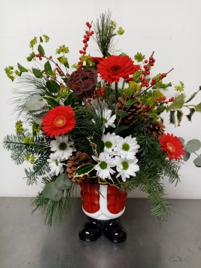 Santa Pot fresh flowers Christmas arrangement handmade by local florist in Croydon