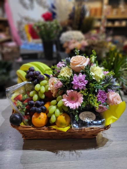 fruits and flowers hamper basket avaiable for same day delivery in Croydon, South London, arranged by local florist