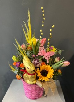 Lindor bunny in flowers basket made by florist in Croydon 