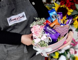 Pink heart shaped hat box with flowers and sweets, perfect kids gift for same day delivery in Croydon 