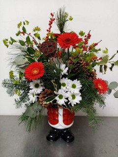 Santa Pot fresh flowers Christmas arrangement handmade by local florist in Croydon